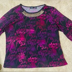 Susan Graver Purple and Pink Embellished 3/4 Bell Sleeve Blouse